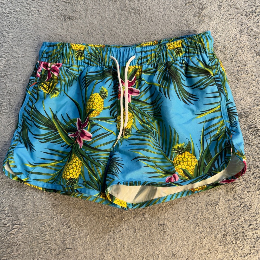 H&M Mens Tropical Pineapple Floral Swim Trunks Size S Blue Mesh Lined Shorts